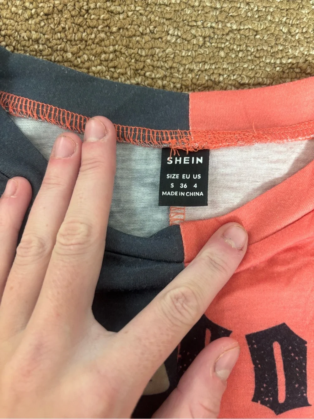 SHEIN Blue & Coral Graphic Colorblock Cropped Tee - Picture 3 of 4